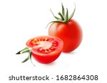 Whole and cut fresh, red tomatoes with green steam isolated on white background. 