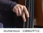 Small photo of Double bass, hands playing and plunk contrabass strings, musical instrument player close up.