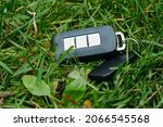 Lost car keys lying on the grass in a park, somebody dropped auto remote control
