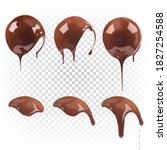 Chocolate sauce, ganache, liquid melted chocolate pouring into a round shape. Vector realistic set.