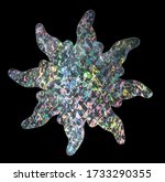 Small photo of nice metallic holo throwing star sticker on black with scratches, sticky holographic iridescent color foil tape or snip for your design poster or cover idea.