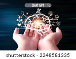 Small photo of ChatGPT Chat with AI or Artificial Intelligence Both hands are going to support the head icon. Smart AI or Artificial Intelligence using Chatbot, Artificial Intelligence developed by Open AI.