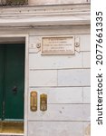 Small photo of Genova, Italy - September 14 2021: detail of vintage sign (translation: here any encumbrance is prohibited, as per the resolution of the aediles of December 30 1836).