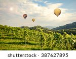 Hot air balloons flying over the vineyards along South Styrian Wine Road, Austria Europe