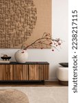 Small photo of Minimalist composition of living room interior with mock up poster frame, vase with rowan, wooden sideboard, carpet, slippers, white pouf and personal accessories. Home decor. Template.