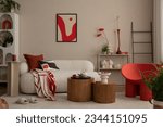 Small photo of Creative composition of living room interior with mock up poster frame red armchair, beige sofa, wooden coffee table, white rack, ladder, palid and personal accessories. Home decor. Template.