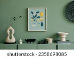 Small photo of Stylish composition of modern living room interior. Mock up poster frame, wooden green commode and elegant personal accessories. Eucalyptus wall. Home staging. Template. Copy space.