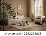 Small photo of Warm and cozy composition of living room interior with mock up poster frame modular sofa, white armchair, stylish coffee table, plants, beige curtain and personal accessories. Home decor. Template.