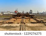 Small photo of A shipyard used to tow mechanical equipment and track that need to be repaired for ships going ashore - September 1, 2018 in luannan county, tangshan city, hebei province, China