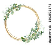 Watercolor wreath green floral with eucalyptus greenery leaves on golden frame. Baby nursery decor, greenery baby shower, wedding card, greenery invintation card .