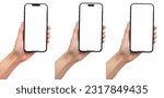 Small photo of Hand holding the black smart phone with blank screen and modern frameless design in two rotated perspective positions - isolated on white background - Clipping Path