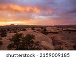 Landscape view of the sunset in Canyonlands National Park in Utah.
