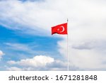Waving Turkish Flag With Blue...