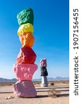Small photo of Seven Magic Mountains, Las Vegas, Nevada, USA. Desert art installation featuring 7 painted boulder totems up to 35 ft.