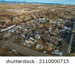 Small photo of SUPERIOR, CO - January 17, 2022: Aerial photo of rows of burned down houses left in aftermath of the destructive Marshall Fire near Boulder, Colorado.