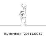 Single line drawn hand gesture,  minimalistic human hand with victory or two raised up sign fingers, symbol of luck, victory, piece, success. Dynamic continuous one line graphic vector design 