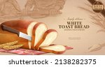 White toast bread ad. 3D Illustration of a realistic loaf of white bread sliced with a bread knife on plaid red gingham tablecloth on engraved background of bread making scene