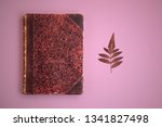 Small photo of diary book, day book, red autumn dry leaf on pink background, red old ancient book