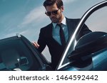 Time is money. Handsome young man entering his car while standing outdoors