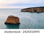 Birds on a rock in the sea with boats and a cliff in the background on a winter day in southern Portugal.