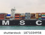 Small photo of Great Bitter Lake, Ismalia, Egypt - 11.05.15: Detail of the midships and bridge of an MSC container ship fully loaded with containers navigating the Suez Canal