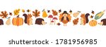 Thanksgiving animals kids vector border. Seamless pattern autumn leaves turkey corn pumpkin hedgehog, squirrel. Harvest festival. Fall party invitation banner. Happy Thanksgiving card decor, footer