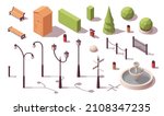 Isometric collection of elements for park. Isolated objects on white background. Benches, lanterns, trees, bins and other. Collection