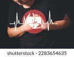 Small photo of Man clutching his chest from acute pain, Severe heartache, man suffering from chest pain, having heart attack or painful cramps, pressing on chest with painful expression.