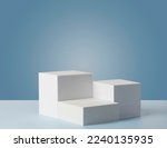 Square podiums are white. Abstract background. A stage for the demonstration of cosmetics. Podium for the award, consisting of three 3 square figures of different sizes on a blue background.  Showcase