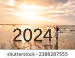 Small photo of Young woman traveler looking beautiful sunset on the tranquil beach celebrating New Year 2024, Summer vacation concept