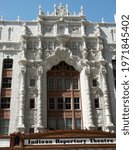 Small photo of Indianapolis, IN, USA - May 26, 2004: The ornate facade of the Indiana Repertory Theatre building in downtown Indianapolis, Indiana.