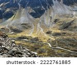 Road mountain pass Fluela (Flüelapass oder Pass dal Flüela) or high alpine pass Flüela, Davos - Canton of Grisons, Switzerland (Kanton Graubünden, Schweiz)