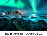 Aurora borealis above snowy islands of Lofoten