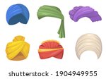 Traditional turbans set. Indian and Arabic hats, colorful sikh headgear fires isolated on white. Vector illustration for India, Asian fashion, culture, ethnic clothes concept