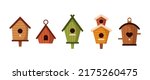 Different colorful birdhouses vector illustrations set. Hobby for children, cute houses or homes for birds on trees with holes of heart or circle shapes on white background. Nature, carpentry concept