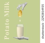 Small photo of Creative art collage of hand with a glass of milk and potato. Potato milk. Dairy free milk substitute drink. Modern design. Copy space.
