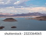 Small photo of Scenic view of Lake Mead Lakeview Overlook near Hoover Dam filled with turquoise water surrounded by River mountain range, Nevada Arizona, USA. Lake Mead National Recreation Area near Las Vegas