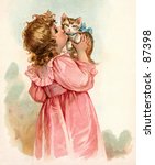 Little Girl Kissing Her Kitten  ...