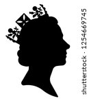 Black silhouette of Queen Elizabeth. Traditional image of the queen side view.