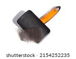 Small photo of Cleaning Sleeker for Fur Dog Hairy Dog with black dog hair isolated on white background. Small Slicker Brushes for Dog