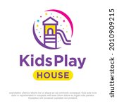 kids playhouse vector logo design. Playhouse with slide logo design. Kids party house vector logo template. Kindergarten logo concept.
