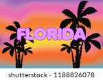 Florida lettering on colorful sunset background. Vector tropical letters with black palms trees