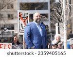 Small photo of Washington, DC – March 21, 2023: Sierra Club President Ben Jealous speaks at a rally preceding a march on banks that have invested in fossil fuel companies that contribute to global warming.