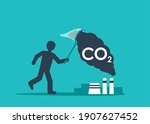 Carbon Capture Technology - net CO2 footprint development strategy. Vector illustration with metaphor - catching butterflies