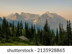 Small photo of Pine Trees Stand Tall Looking Out Toward Mount Oberlin Mount Clements and Mount Cannon in Glacier National Park