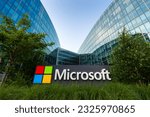 Small photo of Issy-les-Moulineaux, France - July 2, 2023: Sign of the French headquarters of Microsoft, an American multinational corporation that develops, manufactures, licenses and markets computer software
