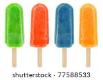 four colorful popsicles isolated on white background.