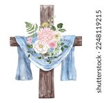 Cross wreath illustration. Easter wooden cross with blue cloth, flowers, and foliage. Spring holiday arrangement.