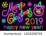 merry christmas cute pig neon ... | Shutterstock .eps vector #1203208705