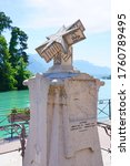 Small photo of ANNECY, FRANCE -24 JUN 2019- View of the Gnomon du Frere Arsene, a historical sundial on the shore of Lake Annecy in Annecy, Haute Savoie, France.